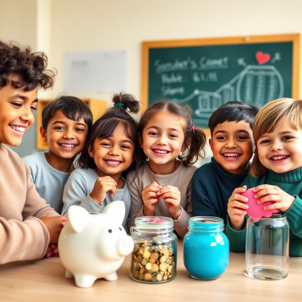 Kids learning about saving with jars and coins